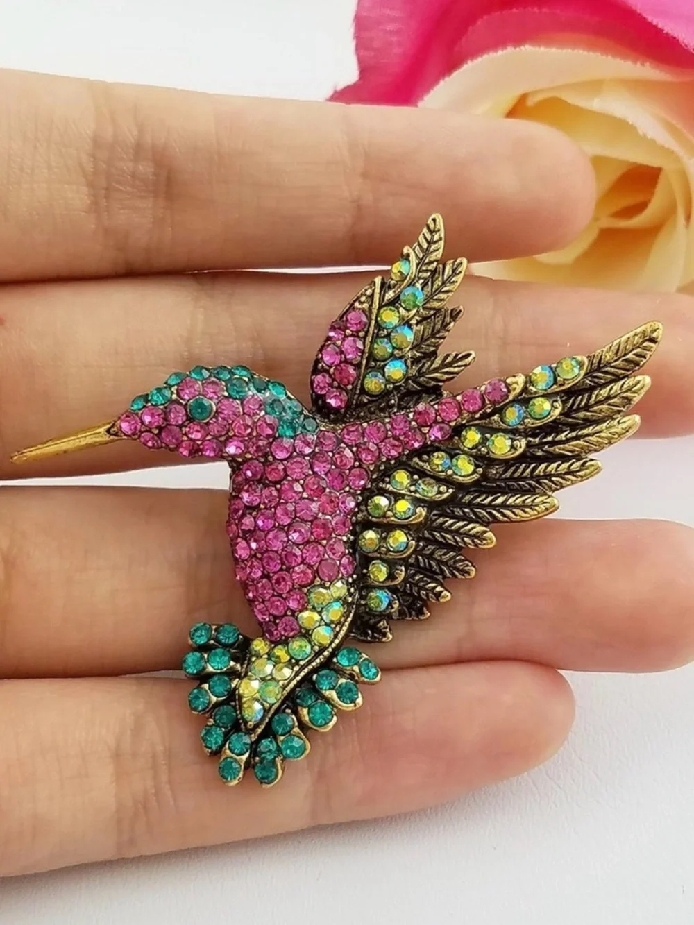 Vintage-Style Hummingbird Crystal Brooch - Pink & Teal - Picture 3 of 3